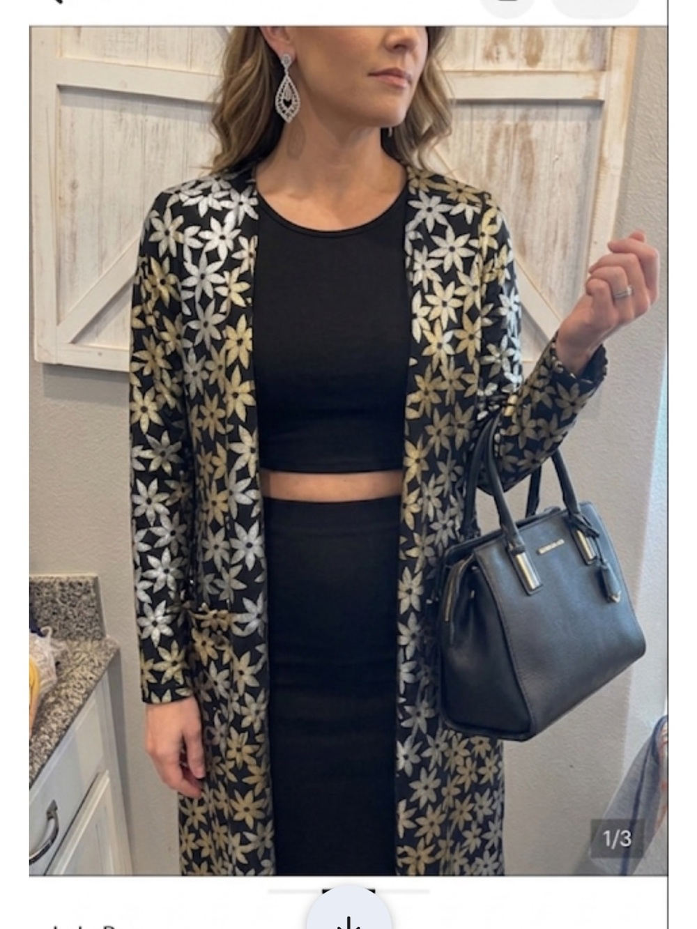 LuLaRoe Black Jacket with Gold and Silver Floral Pattern long ptp 22